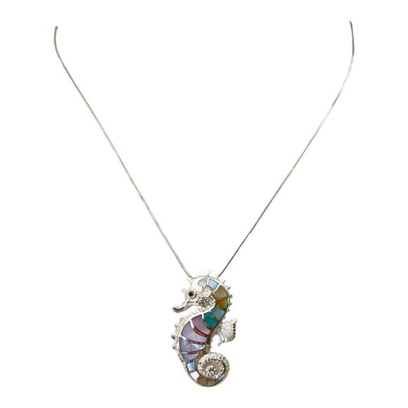 Nautical Beach Ocean Seahorse Shell Sterling Silver Pendant 18" Chain Necklace - Picture 5 of 6